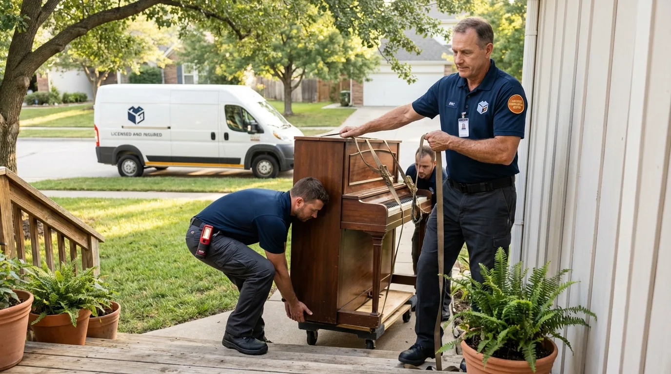 Licensed piano movers securing grand piano in Oregon, OH