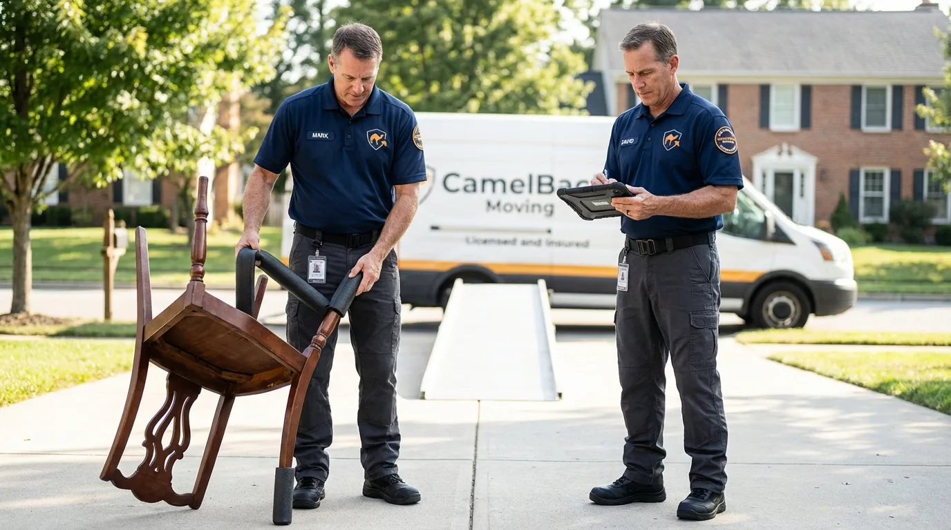 Movers inspecting furniture for damage prevention before loading in Oregon, OH