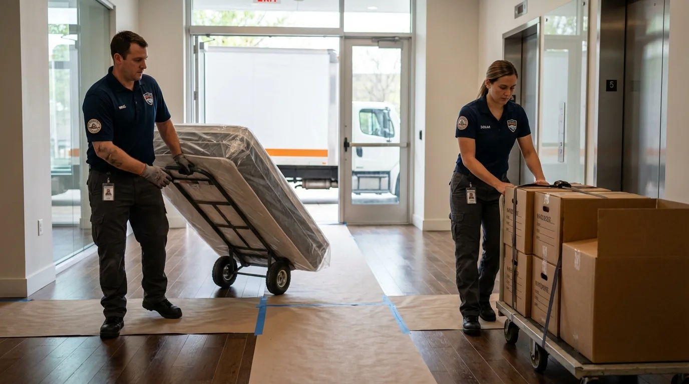 Professional apartment movers loading elevator in Oregon, OH